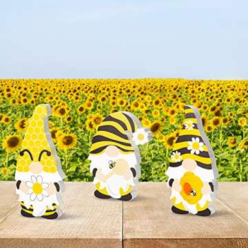 Charming Summer Bee Sunflower Gnome Wooden Signs Set