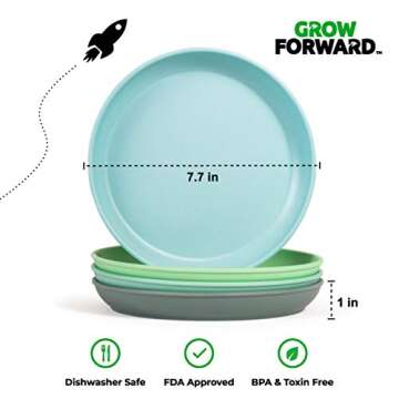 Grow Forward Bamboo Kids Plates and Bowls Set - 4 Bamboo Plates for Kids and 4 Bamboo Bowls for Kids - BPA Free & Dishwasher Safe - Eco Friendly and Reusable Childrens Dishes - Rainforest