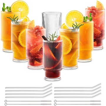 Gracenal Ribbed Glass Cups with Straws 12oz, Drinking Glasses Set of 8, Ribbed Glassware, Cocktail G...