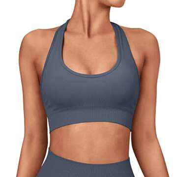 SUUKSESS Women Seamless Halter Sports Bra Open Back Padded Workout Crop Tank Tops (Blue, S)