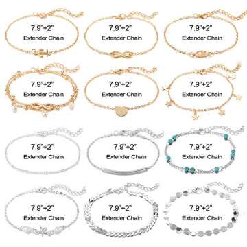 Softones 12-16Pcs Ankle Bracelets for Women Gold Silver Two Style Chain Beach Anklet Bracelet Jewelry Anklet Set,Adjustable Size