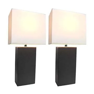 Elegant Designs LC2000-BLK-2PK 2 Pack Modern Leather Table Lamps with White Fabric Shades, Black