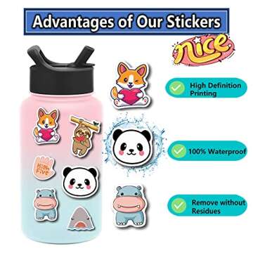 200Pcs Water Bottle Stickers for Kids Teens, Waterproof Vinyl Stickers, Aesthetic Laptop Stickers, S...