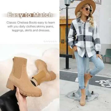 GOUPSKY Ankle Boots for Women Lug Sole Slip On Chelsea Booties Platform Chunky Mid Block Heel Suede Boot Brown 7.5
