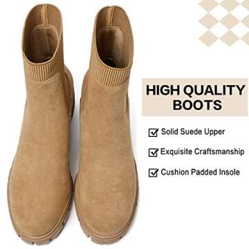 GOUPSKY Ankle Boots for Women Lug Sole Slip On Chelsea Booties Platform Chunky Mid Block Heel Suede Boot Brown 7.5