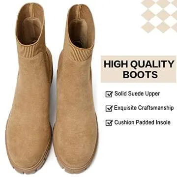 GOUPSKY Ankle Boots for Women Lug Sole Slip On Chelsea Booties Platform Chunky Mid Block Heel Suede Boot Brown 7.5