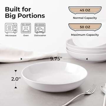 Y YHY 9.75" Large Pasta Bowls, 50 Ounces Big Salad Bowls, Ceramic Serving Bowl Set of 4, Wide and Shallow Bowls Set, Microwave and Dishwasher Safe, White
