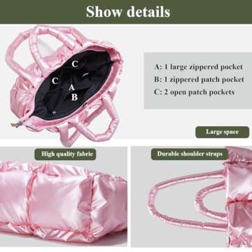 OWGSEE Puffer Tote Bag, Soft Puffy Bags for Women Light Winter Down Cotton Padded Quilted Tote Bag Shoulder Handbag Purse (Pink)