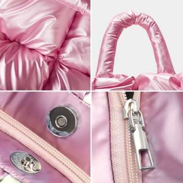 OWGSEE Puffer Tote Bag, Soft Puffy Bags for Women Light Winter Down Cotton Padded Quilted Tote Bag Shoulder Handbag Purse (Pink)