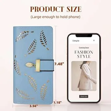 Sweet Cute Chocolate Women's Long Leaf Bifold Wallet Leather Card Holder Purse Zipper Buckle Elegant Clutch Wallet Handbag for Women-Blue