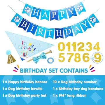 Nobleza Dog Birthday Party Supplies, Dog Birthday Hat Bandana Scarf with Cute Dog Bow Tie, Banner, Dog First Birthday Boy Outfit for Pet Puppy Cat Blue