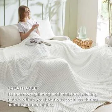Bedsure Cooling Cotton Waffle Oversized King Blanket - Lightweight Breathable Blankets Rayon Derived from Bamboo for Hot Sleepers, Luxury Throws for Bed and Sofa, Ivory, 120x96 Inches