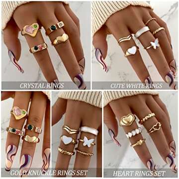 Dodder 70 Pcs Vintage Gold Knuckle Rings Set for Women, Boho Crystal Finger Rings Aesthetic Heart Ch...