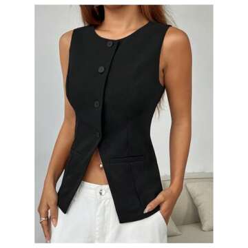 SweatyRocks Women's Split Button Down Blazer Vest Crewneck Sleeveless Suit Vest Jackets Black Medium