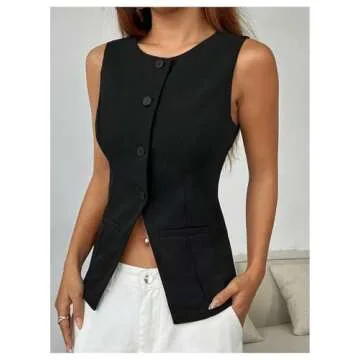 SweatyRocks Women's Split Button Down Blazer Vest Crewneck Sleeveless Suit Vest Jackets Black Medium