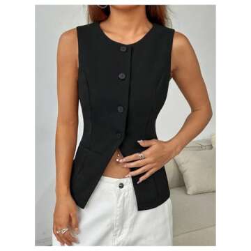 SweatyRocks Women's Split Button Down Blazer Vest Crewneck Sleeveless Suit Vest Jackets Black Medium
