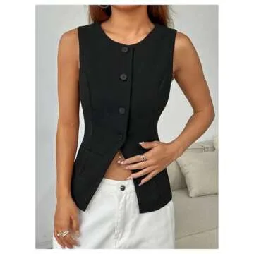 SweatyRocks Women's Split Button Down Blazer Vest Crewneck Sleeveless Suit Vest Jackets Black Medium