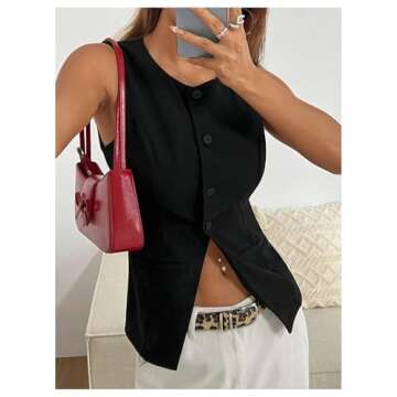 SweatyRocks Women's Split Button Down Blazer Vest Crewneck Sleeveless Suit Vest Jackets Black Medium