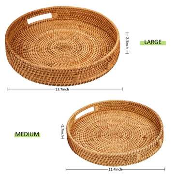 Whalehub Round Rattan Serving Tray with Handles,2 Hand Woven Basket, Home Decor Organizer Tray for B...