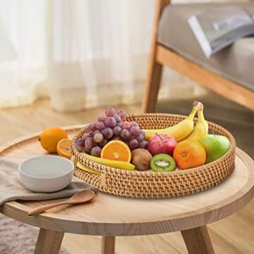 Whalehub Round Rattan Serving Tray with Handles,2 Hand Woven Basket, Home Decor Organizer Tray for Breakfast, Tea, Snack, Fruit, Coffee, Storage (Large + Medium)(14.17inchX2.3inch+11.9inchX1.7inch