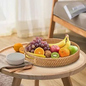 Whalehub Round Rattan Serving Tray with Handles,2 Hand Woven Basket, Home Decor Organizer Tray for Breakfast, Tea, Snack, Fruit, Coffee, Storage (Large + Medium)(14.17inchX2.3inch+11.9inchX1.7inch