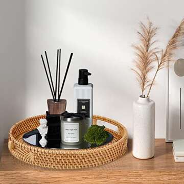 Whalehub Round Rattan Serving Tray with Handles,2 Hand Woven Basket, Home Decor Organizer Tray for Breakfast, Tea, Snack, Fruit, Coffee, Storage (Large + Medium)(14.17inchX2.3inch+11.9inchX1.7inch