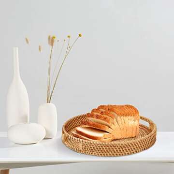 Whalehub Round Rattan Serving Tray with Handles,2 Hand Woven Basket, Home Decor Organizer Tray for Breakfast, Tea, Snack, Fruit, Coffee, Storage (Large + Medium)(14.17inchX2.3inch+11.9inchX1.7inch