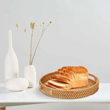 Whalehub Round Rattan Serving Tray with Handles,2 Hand Woven Basket, Home Decor Organizer Tray for Breakfast, Tea, Snack, Fruit, Coffee, Storage (Large + Medium)(14.17inchX2.3inch+11.9inchX1.7inch
