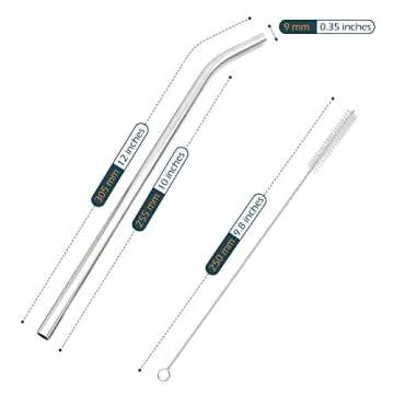 GFDesign Big Drinking Straws Reusable 12 Inches Extra Long 9mm Extra Wide SUS 304 Food-Grade 18/8 Stainless Steel - Set of 4 with 2 Cleaning Brushes - Bent