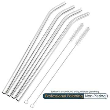 GFDesign Big Drinking Straws Reusable 12 Inches Extra Long 9mm Extra Wide SUS 304 Food-Grade 18/8 Stainless Steel - Set of 4 with 2 Cleaning Brushes - Bent