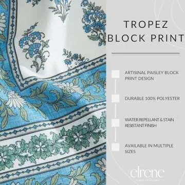 Elrene Home Fashions Tropez Paisley Block Print Coastal Stain & Water Resistant Indoor/Outdoor Fabric Rectangle Tablecloth, 60"x120"