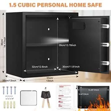 1.5 Cu ft Home Safe Box Fireproof Waterproof with A4 Fireproof Bag, Anti-Theft Fireproof Safe with Keypad Led Indicator, Security Lock Safe Box for Home Firearm Cash Jewelry Medicines Documents