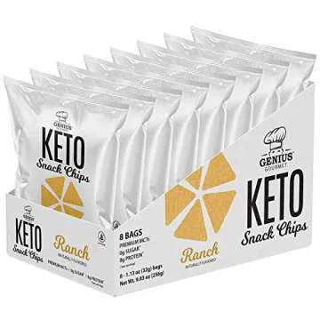 Genius Gourmet Protein Keto Chips, Low Carb, Premium MCTs, Gluten Free, Keto Snack (Ranch), Pack of 8, 1.13 oz. (32 g) Each