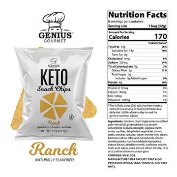 Genius Gourmet Protein Keto Chips, Low Carb, Premium MCTs, Gluten Free, Keto Snack (Ranch), Pack of 8, 1.13 oz. (32 g) Each