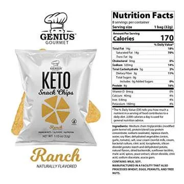 Genius Gourmet Protein Keto Chips, Low Carb, Premium MCTs, Gluten Free, Keto Snack (Ranch), Pack of 8, 1.13 oz. (32 g) Each