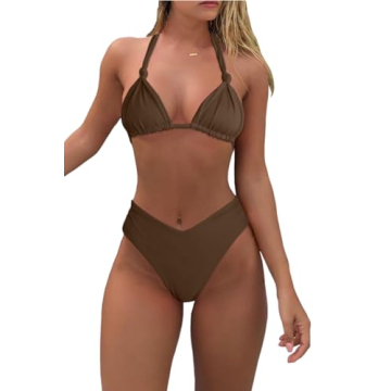Womens Brown High Waisted Two Piece Bathing Suit Sexy Halter String Bikini Set Cheeky High Leg Thong...