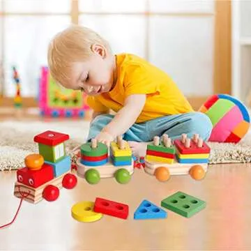 SHIERDU Children's Wooden Building Block Train Toy Shape sorter and Stacking Game for Toddlers Montessori Benefit Intellectual pre-School Education Pull Toy