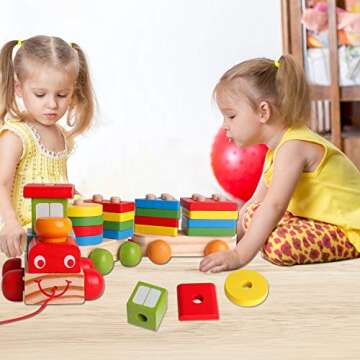 SHIERDU Children's Wooden Building Block Train Toy Shape sorter and Stacking Game for Toddlers Montessori Benefit Intellectual pre-School Education Pull Toy