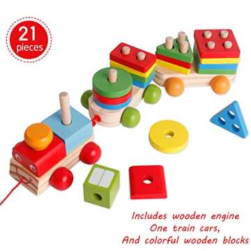 SHIERDU Children's Wooden Building Block Train Toy Shape sorter and Stacking Game for Toddlers Montessori Benefit Intellectual pre-School Education Pull Toy