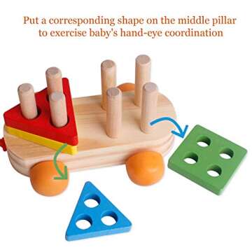 SHIERDU Children's Wooden Building Block Train Toy Shape sorter and Stacking Game for Toddlers Montessori Benefit Intellectual pre-School Education Pull Toy