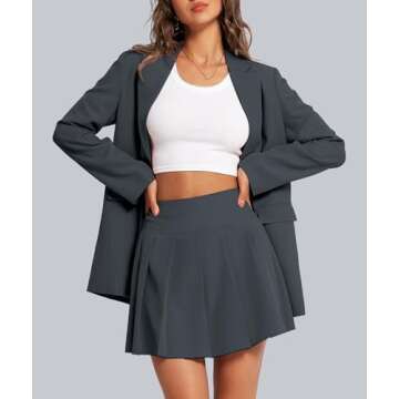 Casly Lamiit 2 Piece Outfits for Women Business Casual Blazer Set Notched Collar High Waisted Pleated A-Line Skirt Matching Short Sets Dark Grey Petite XS