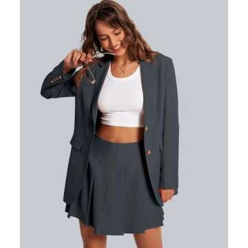 Casly Lamiit 2 Piece Outfits for Women Business Casual Blazer Set Notched Collar High Waisted Pleated A-Line Skirt Matching Short Sets Dark Grey Petite XS