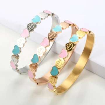 New 2024 Cute Love Heart Gold Plating Staiess Steel Lucky Cuff Bangles Women Girls Wedding Party Cha...