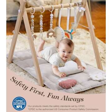 Wooden Play Gym with Beige Mat, Foldable Baby Play Gym, Infant Activity Mat with 6 Hanging Toys, Nat...