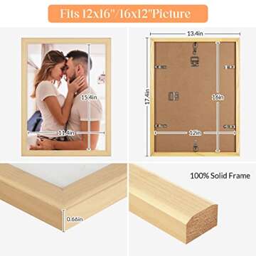 MOUDAMION 12x16 Wood Picture Frame Gold, Ornate Natural 16x12in Frame, Modern Golden 12 x 16 inch Gallery Wall Photo Poster Frame with HD Plexiglass, Horizontal Vertical Wall Mounting Display 1pcs