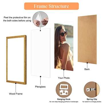 MOUDAMION 12x16 Wood Picture Frame Gold, Ornate Natural 16x12in Frame, Modern Golden 12 x 16 inch Gallery Wall Photo Poster Frame with HD Plexiglass, Horizontal Vertical Wall Mounting Display 1pcs