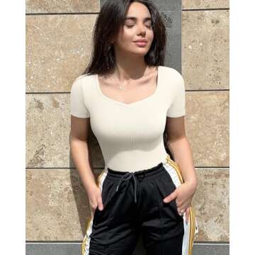 OQQ Women 2 Piece Bodysuits Sexy Ribbed Heart Neck Short Sleeve Stretch Tank Tops Bodysuits Pea green Beige