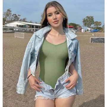 OQQ Women 2 Piece Bodysuits Sexy Ribbed Heart Neck Short Sleeve Stretch Tank Tops Bodysuits Pea green Beige