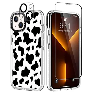 GULTMEE 3 in 1 Designed for iPhone 13 Case Cow Print - Tempered Glass + Camera Lens