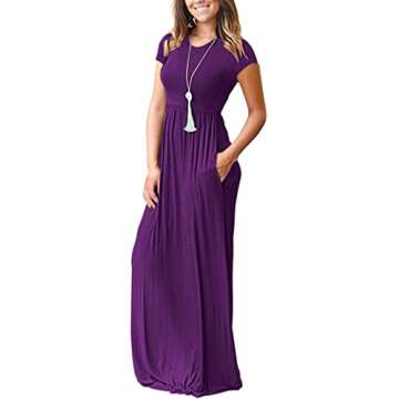 MISFAY Women's Short Sleeve Empire Waist Maxi Dresses Long Dresses with Pockets (Purple L)